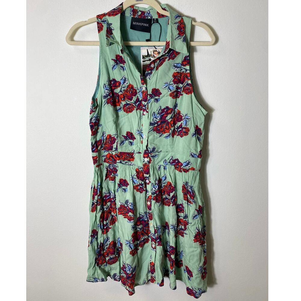 NWT Minkpink Green Rose Print Sleeveless Collared Dress Sz M